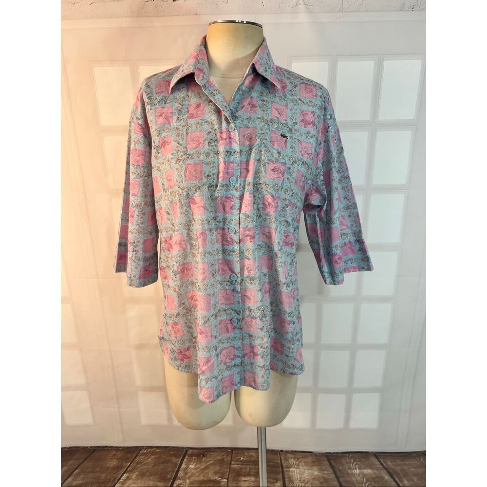 Vintage Lacoste Blue Pink Floral Patchwork 3/4 Sleeve Button Up Shirt Size 46